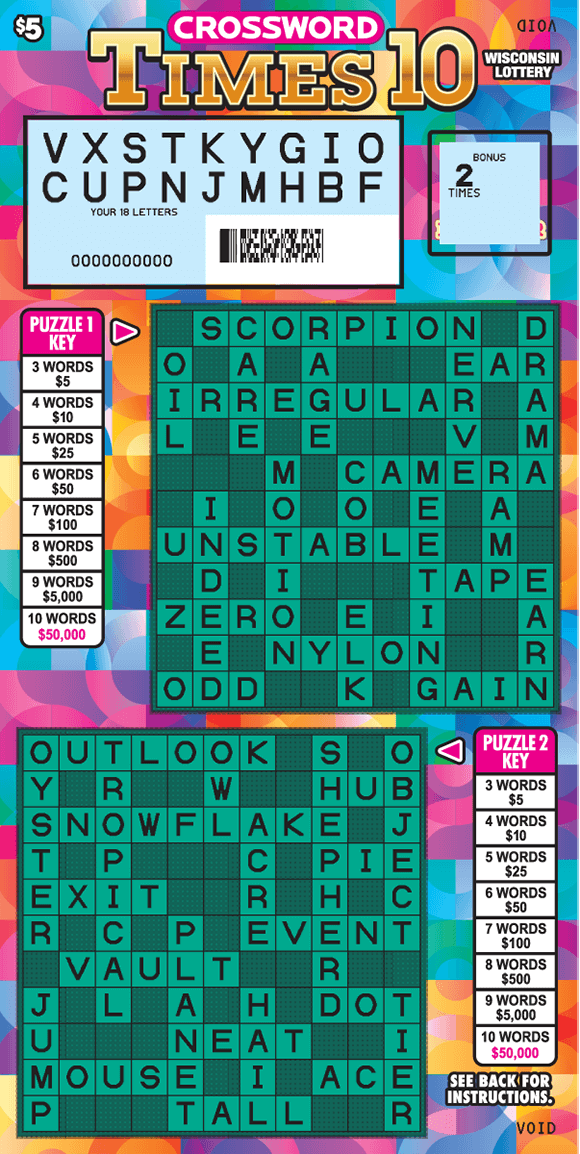 two green crossword grids with a pink, orange, blue, purple background in shapes of bubbles on scratch ticket from wisconsin lottery 