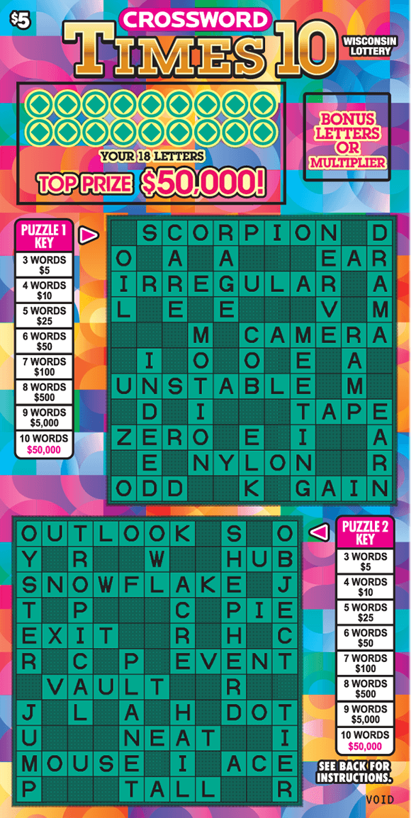 two green crossword grids with a pink, orange, blue, purple background in shapes of bubbles on scratch ticket from wisconsin lottery 