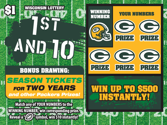 background of ticket is a football field with yard lines and the play area is a gold background with the green bay packers logo covering the winning numbers on scratch ticket from wisconsin lottery 