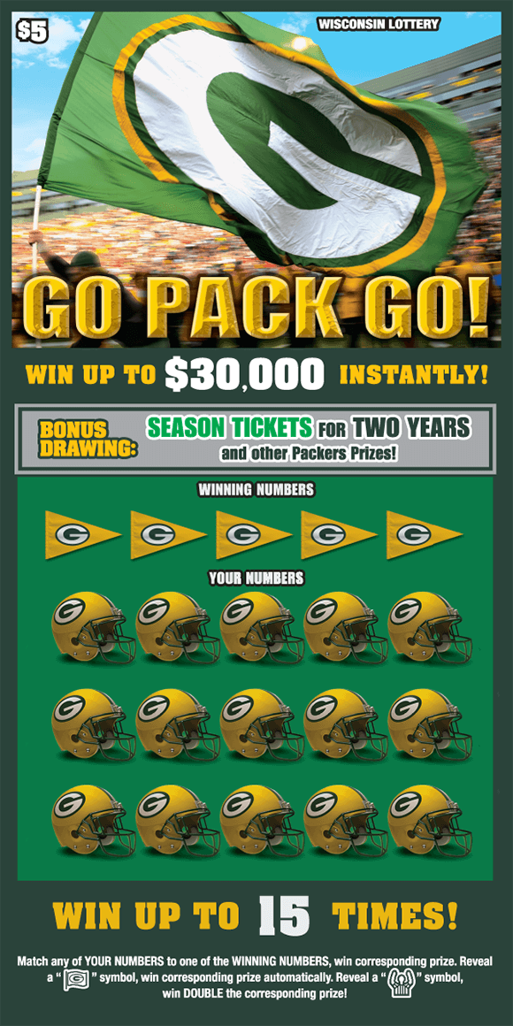background is green with packers helmets covering the winning numbers with a large image of a packers flag blowing in the wind in the stands with fans in the background on scratch ticket from wisconsin lottery 