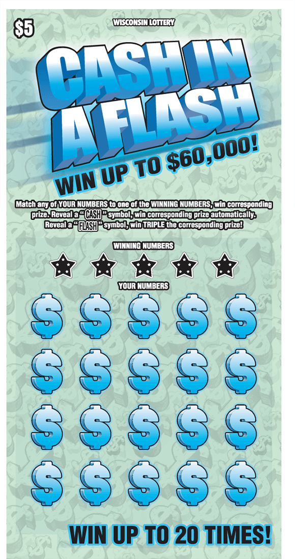 background has seethrough dollar sign symbols and has a light green and the play area is covered with blue dollar sign symbols on scratch ticket from wisconsin lottery