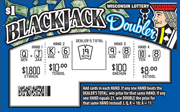 Blackjack Doubler Scratch Game Blue background with images of floating dollar bills in the upper lefthand corner and an image of a king figure in the top righthand corner with the play area scratched revealing the winning numbers and symbols on scratch ticket from wisconsin lottery