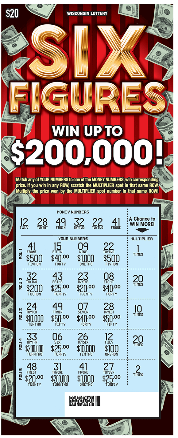 Six Figures Scratch Game deep red background with many images of floating dollar bills on the border of the ticket and the play area is scratched revealing the winning numbers and a blue background on scratch ticket from wisconsin lottery