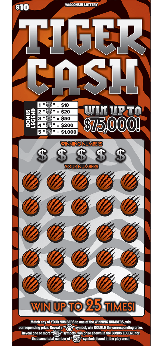 background of tiger cash ticket has orange and black tiger stripes and the play area is covered with orange circles and black whiskers on scratch ticket from wisconsin lottery