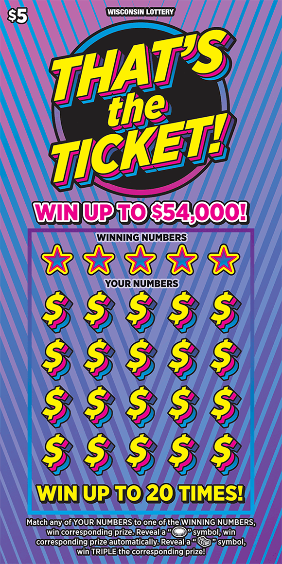 background is an ombre purple and pink with light blue stiped lines running across the ticket the dollar sings are in 3D format with yellow pink and blue outlines on scratch ticket from wisconsin lottery 