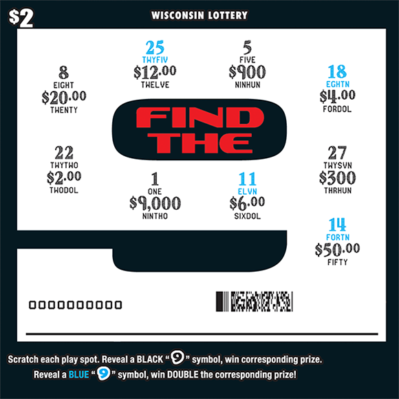 black background with image of a giant number nine on the ticket with the play area scratched revealing the winning numbers in the shape of a nine on scratch ticket from wisconsin lottery