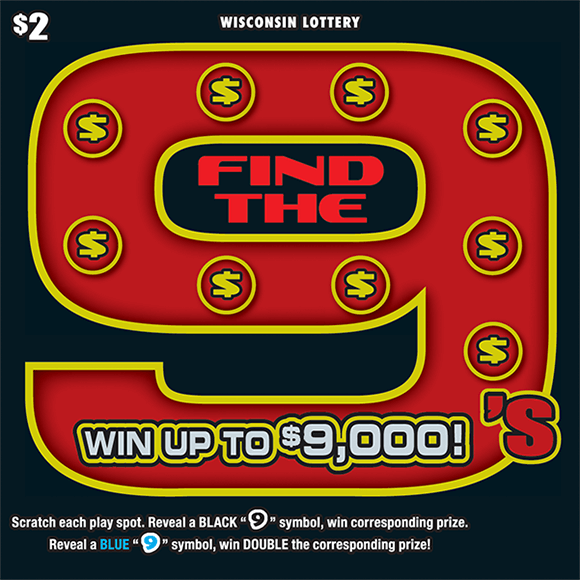 black background with image of a giant number nine on the ticket with nine dollar bill symbols that are covering up the winning numbers in gold and red on scratch ticket from wisconsin lottery
