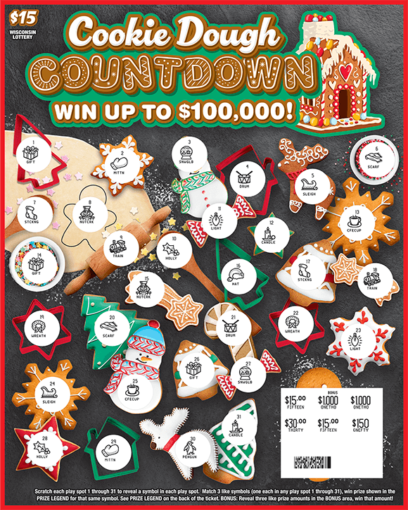 Cookie Dough Countdown Scratch Game ticket has images of decorated holiday cookies with items such as a tree a snow man a gingerbread and more on scratch ticket from wisconsin lottery