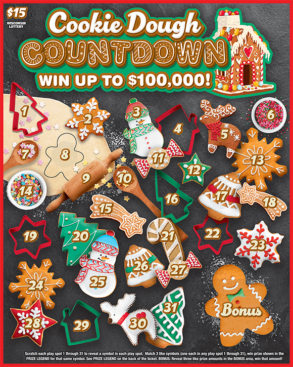 ticket has images of decorated holiday cookies with items such as a tree a snow man a gingerbread and more on scratch ticket from wisconsin lottery 