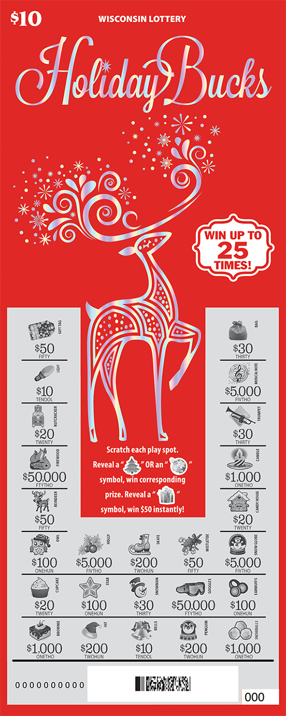 bright red ticket with a fluorescent fx reflective feature on a large reindeer on the ticket with snowflakes covering the winning numbers on scratch ticket from wisconsin lottery  