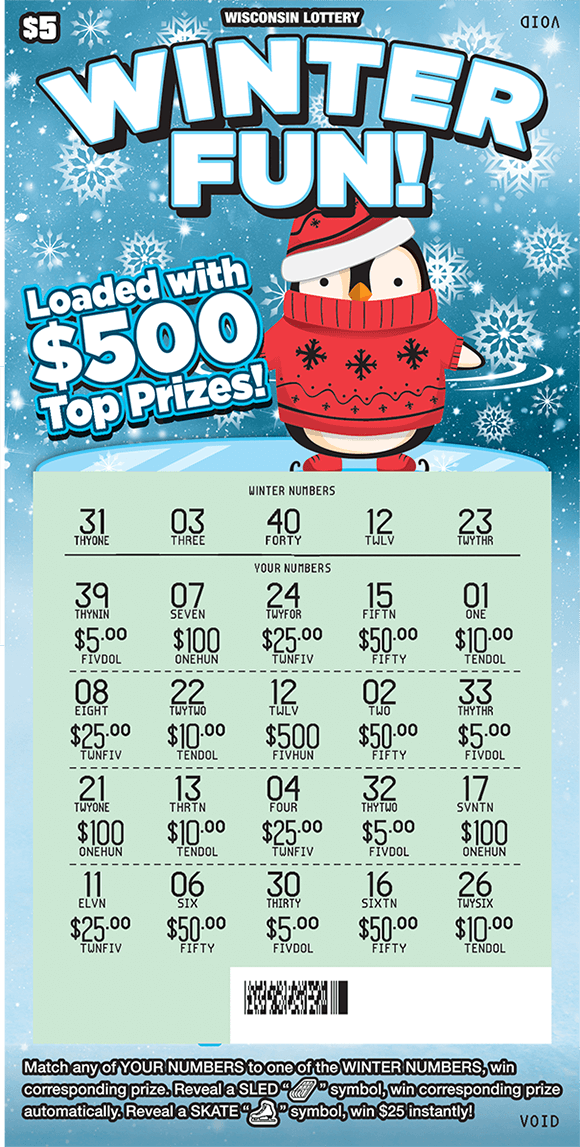 Winter Fun Scratch Game image of ticket with an icy background and a penguin skiing wrapped in a red blanket and hat with the winning numbers covered by red hats and gloves on scratch ticket from wisconsin lottery