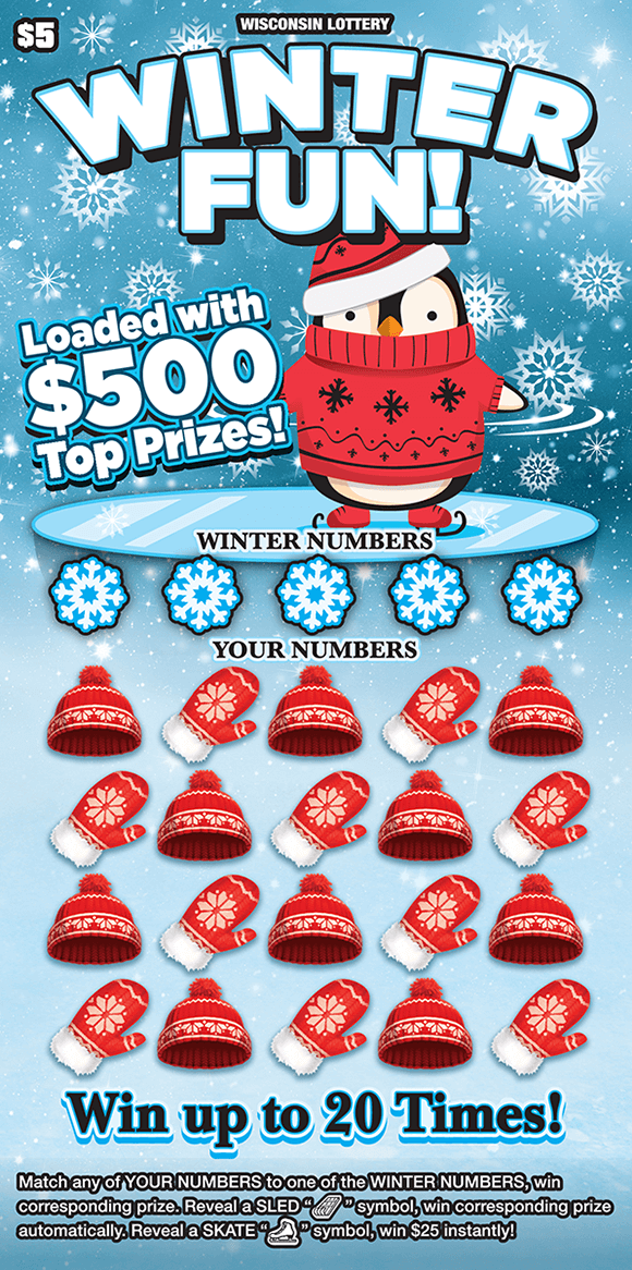 image of ticket with an icy background and a penguin skiing wrapped in a red blanket and hat with the winning numbers covered by red hats and gloves on scratch ticket from wisconsin lottery 