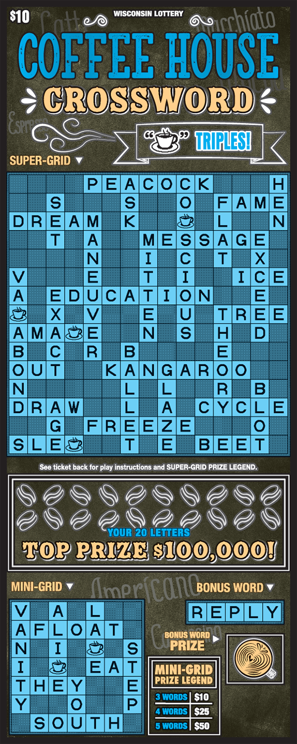 background of ticket is a grayish brown with words such as americano espresso macchiato and other words that are coffee terms and the winning letters are covered by coffee beans on scratch ticket from wisconsin lottery 