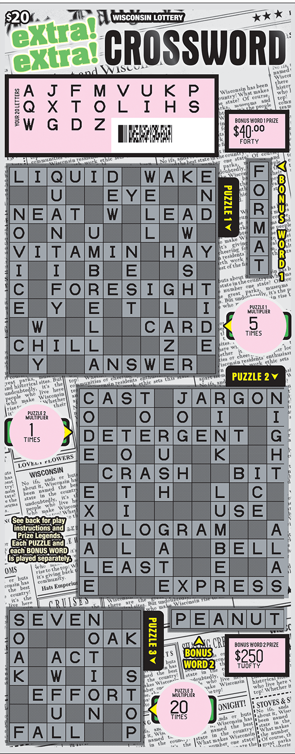 background of ticket is newspaper print in gray with three grids and the winning letters are visible after being scratched on scratch ticket from wisconsin lottery 