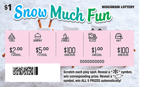 background of ticket with marshmallow snowmen made with pretzel arms and candy eyes and noses standing in the snow on scratch ticket from wisconsin lottery 