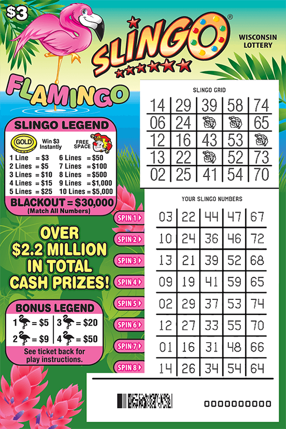 tropical background with long green grass pink flowers water and a pink flamingo standing in the water with the slingo grid in white large on the ticket on scratch ticket from wisconsin lottery