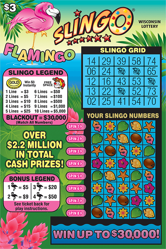 tropical background with long green grass pink flowers water and a pink flamingo standing in the water with the slingo grid in white large on the ticket on scratch ticket from wisconsin lottery