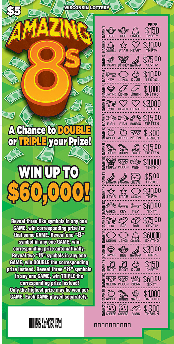 bright green background with floating lighter green dollar bills and a large play grid on the right hand side covered with dollar bills and money bags on scratch ticket from wisconsin lottery