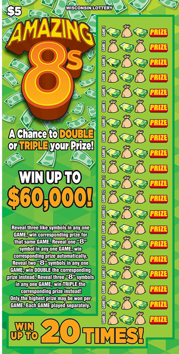 bright green background with floating lighter green dollar bills and a large play grid on the right hand side covered with dollar bills and money bags on scratch ticket from wisconsin lottery