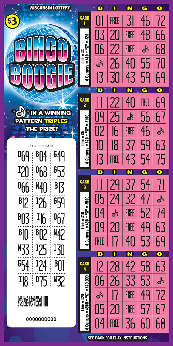bingo boogie scratched scratch ticket from wisconsin lottery with disco ball background and 4 play areas