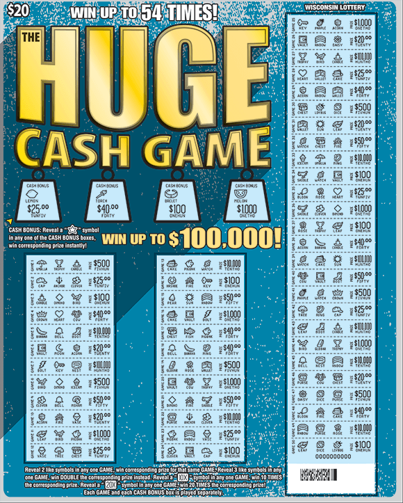 dark blue and teal background on oversized ticket with gold lettering and scratched play area revealing numbers on scratch ticket from wisconsin lottery