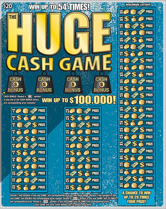 dark blue and teal background on oversized ticket with gold lettering and money bags and money symbols in play area on scratch ticket from wisconsin lottery