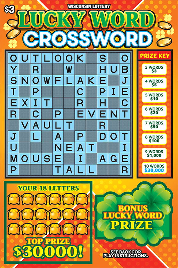 orange polka dotted background with gold coins and pots of gold with green four leaf clover bonus word area on scratch ticket from wisconsin lottery