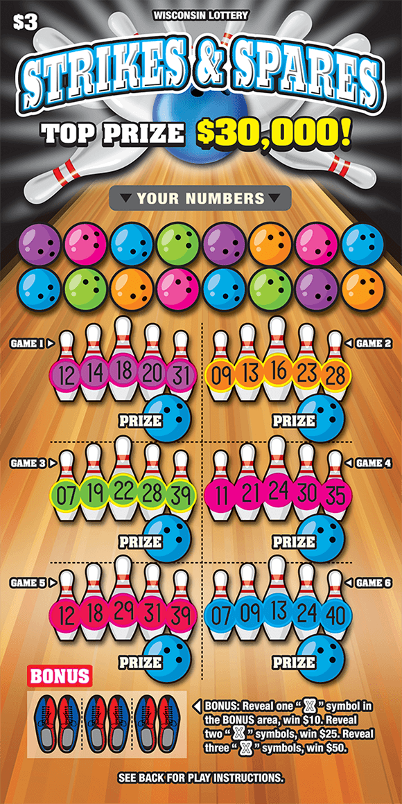 bowling themed ticket showing a bowling lane background with various colored bowling pins in each game play area