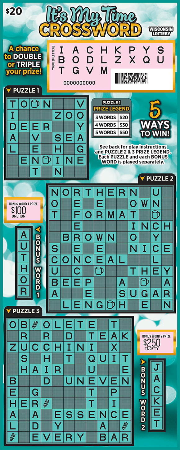 white and teal background with three crossword puzzles and a scratched play area revealing your eighteen letters on scratch ticket from wisconsin lottery