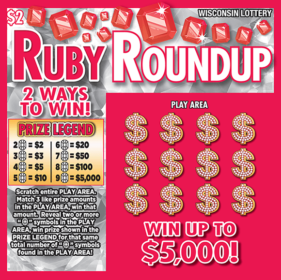 shiny silver background with red rubies lining the top of the ticket and bright red play area with gold dollar sign symbols covering the numbers on scratch ticket from wisconsin lottery