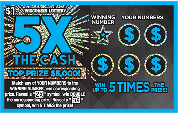 blue outline around ticket and 5x in big bold blue letters with shiny sparkly effects on the background of the ticket on scratch ticket from Wisconsin Lottery
