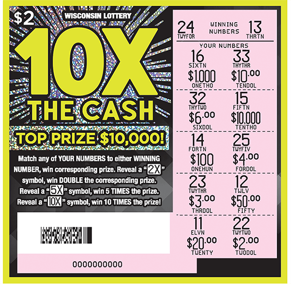 neon yellow outline around ticket and 10x in big bold yellow neon letters with shiny sparkly effects on the background of the ticket on scratch ticket from Wisconsin Lottery