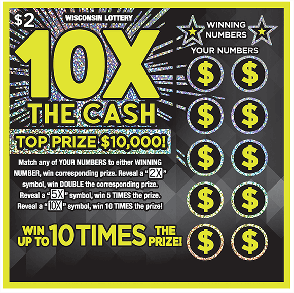 neon yellow outline around ticket and 10x in big bold yellow neon letters with shiny sparkly effects on the background of the ticket on scratch ticket from Wisconsin Lottery