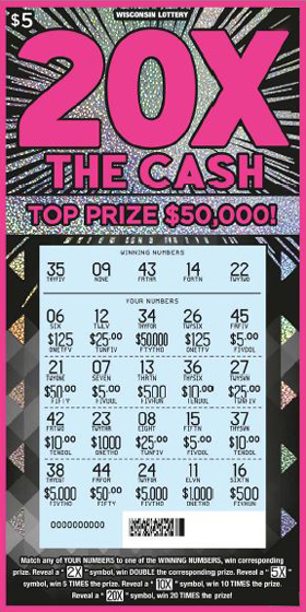 pink outline on ticket with 20x at the top of the ticket in big bold pink lettering with a firework shiny effect on the background of the ticket on scratch ticket from wisconsin lottery 