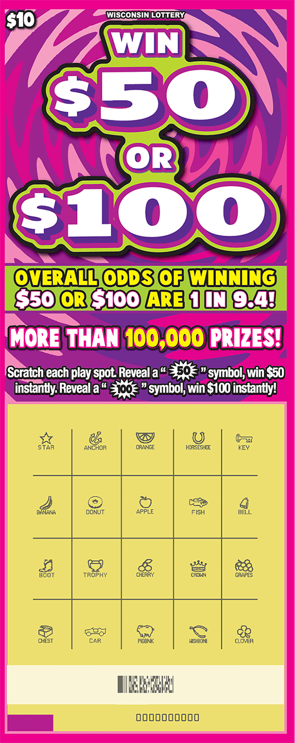 pink and purple swirly background with the play area scratched revealing the wining symbols on scratch ticket from wisconsin lottery