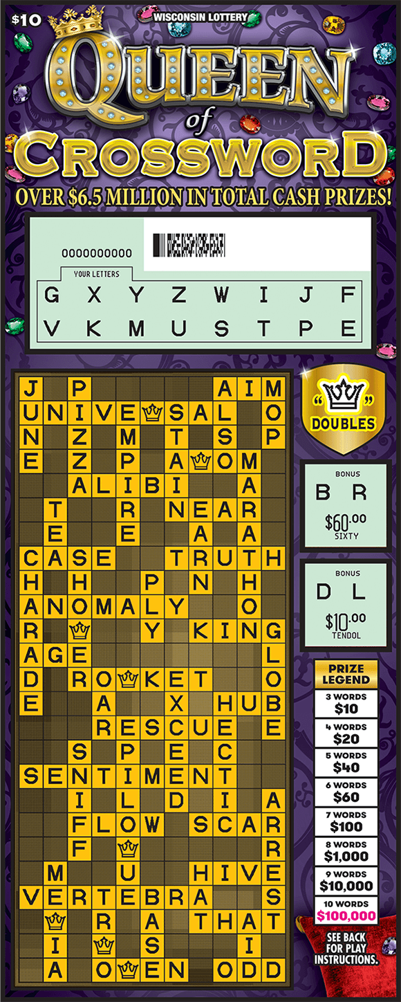 Purple background with colorful jewels around the page and a large yellow play grid on scratch ticket from wisconsin lottery 
