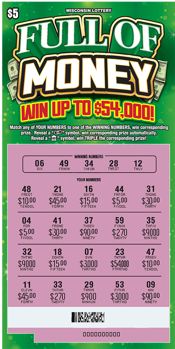 green background with sparkles and dollar bills behind the full of money title of ticket and the play area is scratched revealing the winning numbers on scratch ticket from wisconsin lottery 