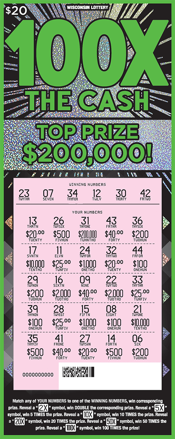 black background with sparkly silver starbursts coming from behind the name of the ticket 100x the cash in neon green lettering with scratched play area revealing numbers and prize amounts on scratch ticket from wisconsin lottery
