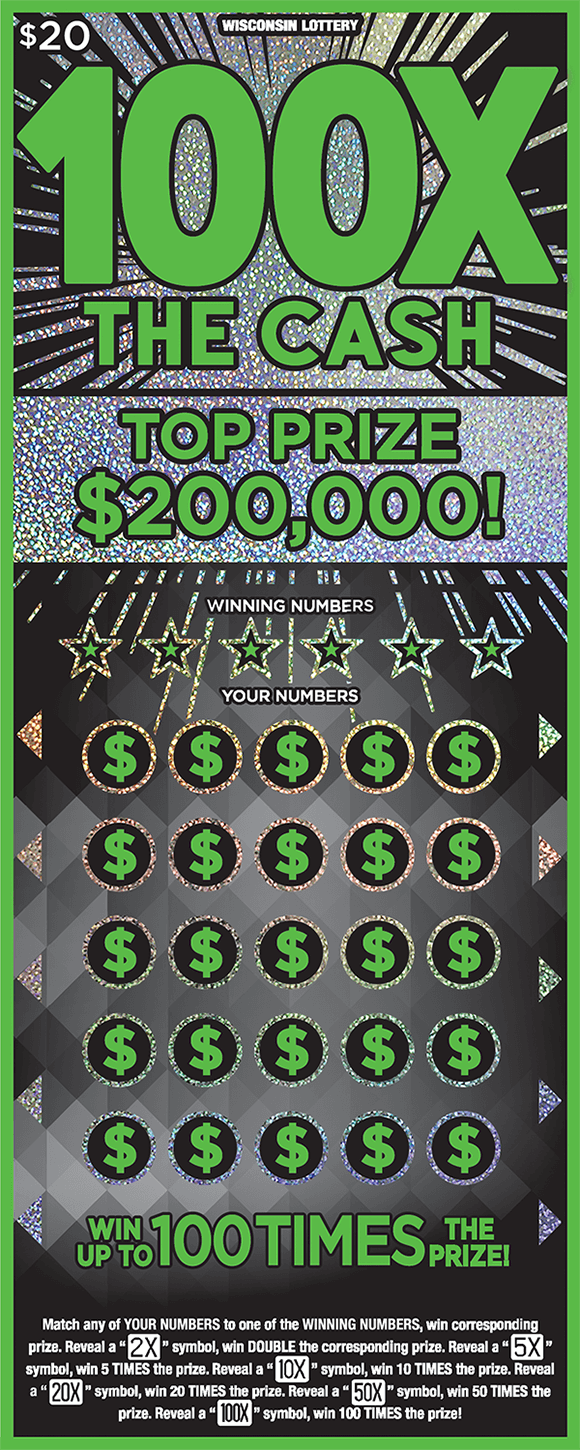 black background with sparkly silver starbursts coming from behind the name of the ticket 100x the cash in neon green lettering with green dollar signs in play area on scratch ticket from wisconsin lottery