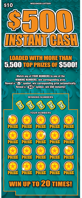 background has teal 3D dollar sign symbols in multiple rows and $500 instant cash is written in bright orange letters across the top of the ticket on scratch ticket from wisconsin lottery