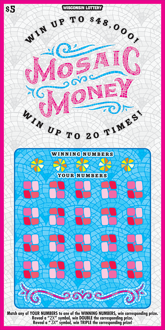 mosaic tile style ticket with white tile background and light blue tile playing area with pink and red tiles in the playing area and a pink border around edge on ticket from the wisconsin lottery
