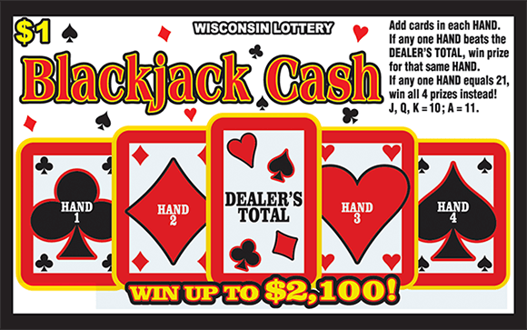 blackjack card game play style with white background with card symbols on ticket and white playing cards with red and yellow borders with a club spade diamond and heart on each with dealers total written on middle card on ticket from wisconsin lottery
