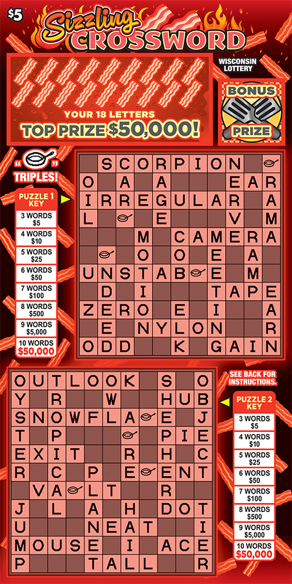 red background with bacon and flames with bacon in the your letters area and frying pan symbols that triple the prize on sizzling crossword scratch ticket from the wisconsin lottery