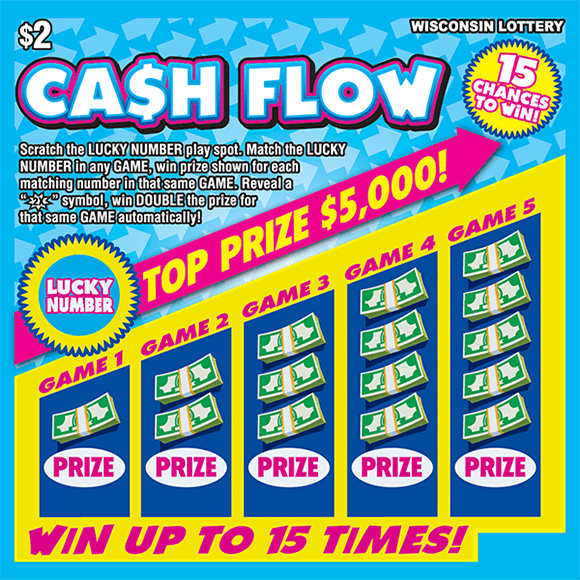 sky blue background with light blue arrows pointing to the right with yellow play area showing 5 separate games each with one additional bundle of green money stacks in it making each game higher leading upward on scratch ticket from wisconsin lottery