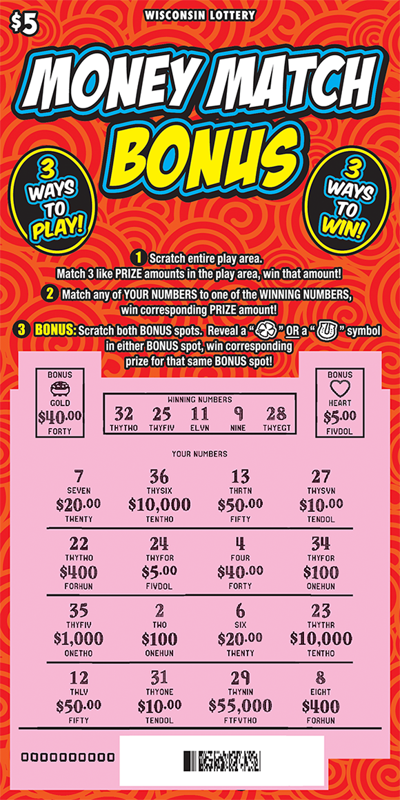red background with yellow swirls with game instructions and scratched play area to reveal winning numbers and prize amounts on scratch ticket from wisconsin lottery