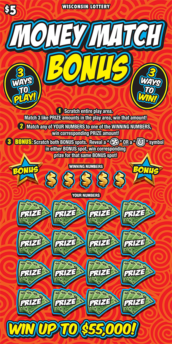 red background with yellow swirls with stars and dollar signs along with stacks of dollar bills in play area on scratch ticket from wisconsin lottery