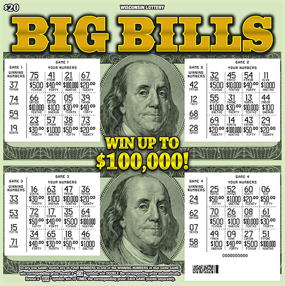 oversized ticket with green background and four separate games scratched to reveal numbers and prize amounts in play area with benjamin franklins face in middle of ticket with big bills in large bubble letters in orange text at top on scratch ticket from wisconsin lottery