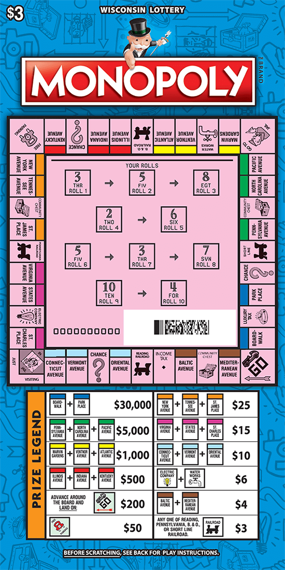 monopoly game extended play ticket with a full monopoly board on front of ticket scratched to reveal rolls and board along with prize legend below board listing prize amounts for landing on various spaces on the board on monopoly ticket from wisconsin lottery