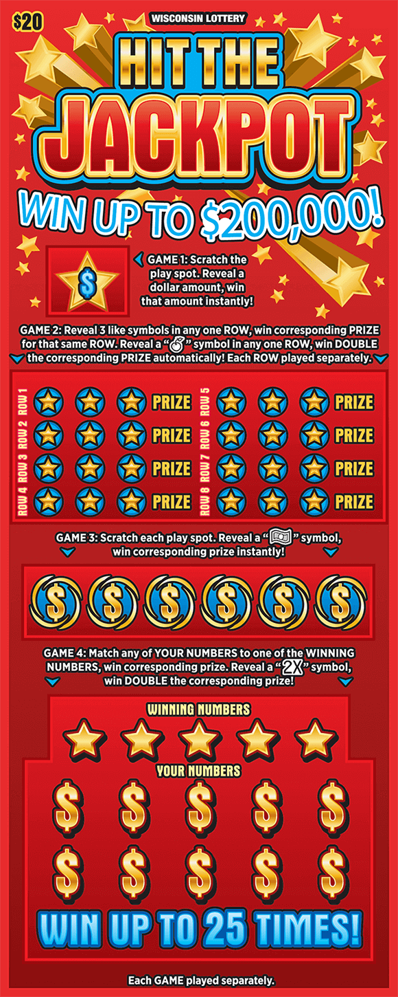 red ticket with stars that has four separate games with blue and gold accents in play areas on scratch ticket from wisconsin lottery
