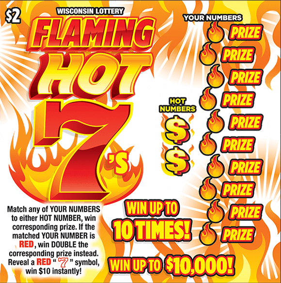 white background with red and orange flames coming from the top and bottom with red fireballs in play area to the right with prize written next to each one on flaming hot 7's scratch ticket from wisconsin lottery
